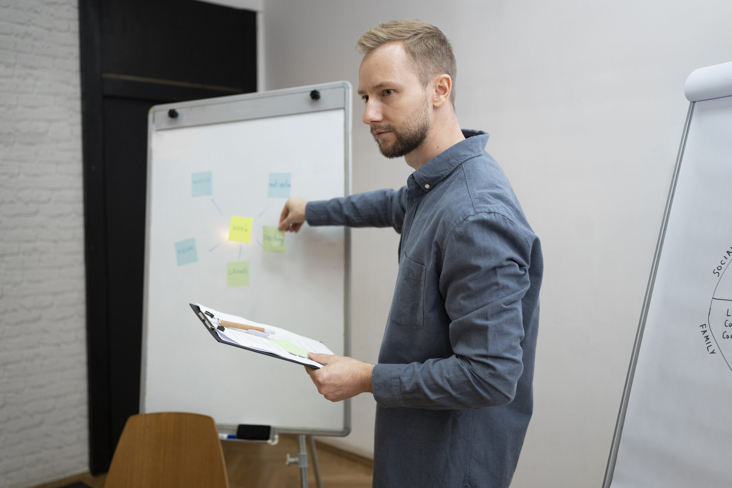 Mann steht an einem Flipchart, hält ein Klemmbrett in der Hand und präsentiert einen Vortrag zum Thema Fehlerkultur als Innovationsfaktor